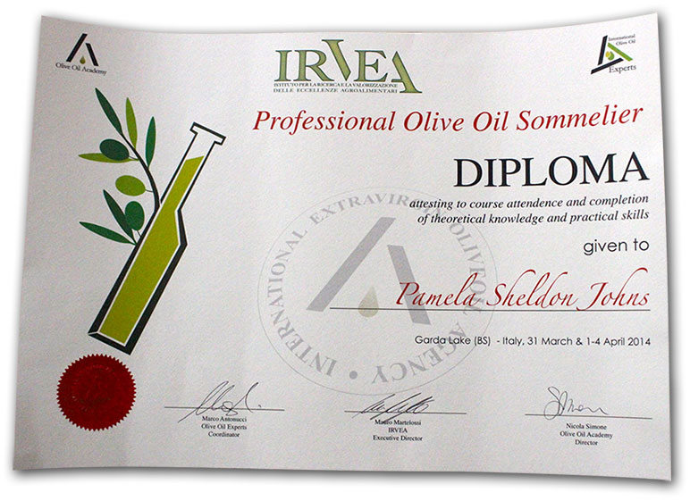 Pamela Sheldon Johns' IRVEA Professional Olive Oil Sommelier Certificate