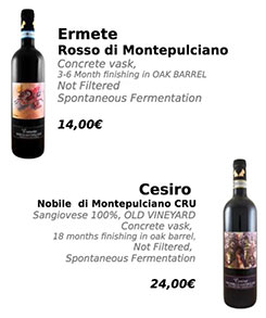 Wine offerings from Podere il Bruciata including Ermete: Rosso di Montepulciano; and Cesiro: Nobile di Montepulciano CRU