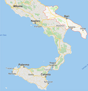 Map of Italy highlighting the Puglia region, the "heel of the boot".
